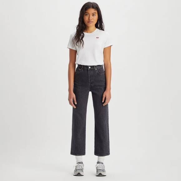 Levi’s Premium Ribcage Straight Jeans Button Fly Big E 32 X 27 Distressed Black - Picture 1 of 16